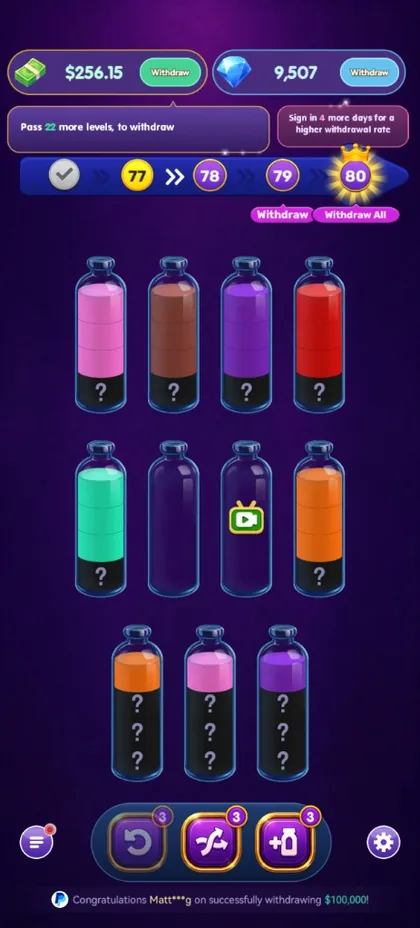 Puzzle board with seven colored water bottles and a glowing level track