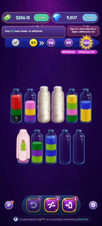 Mid-level water sort with mixed orange, teal, and pink layers